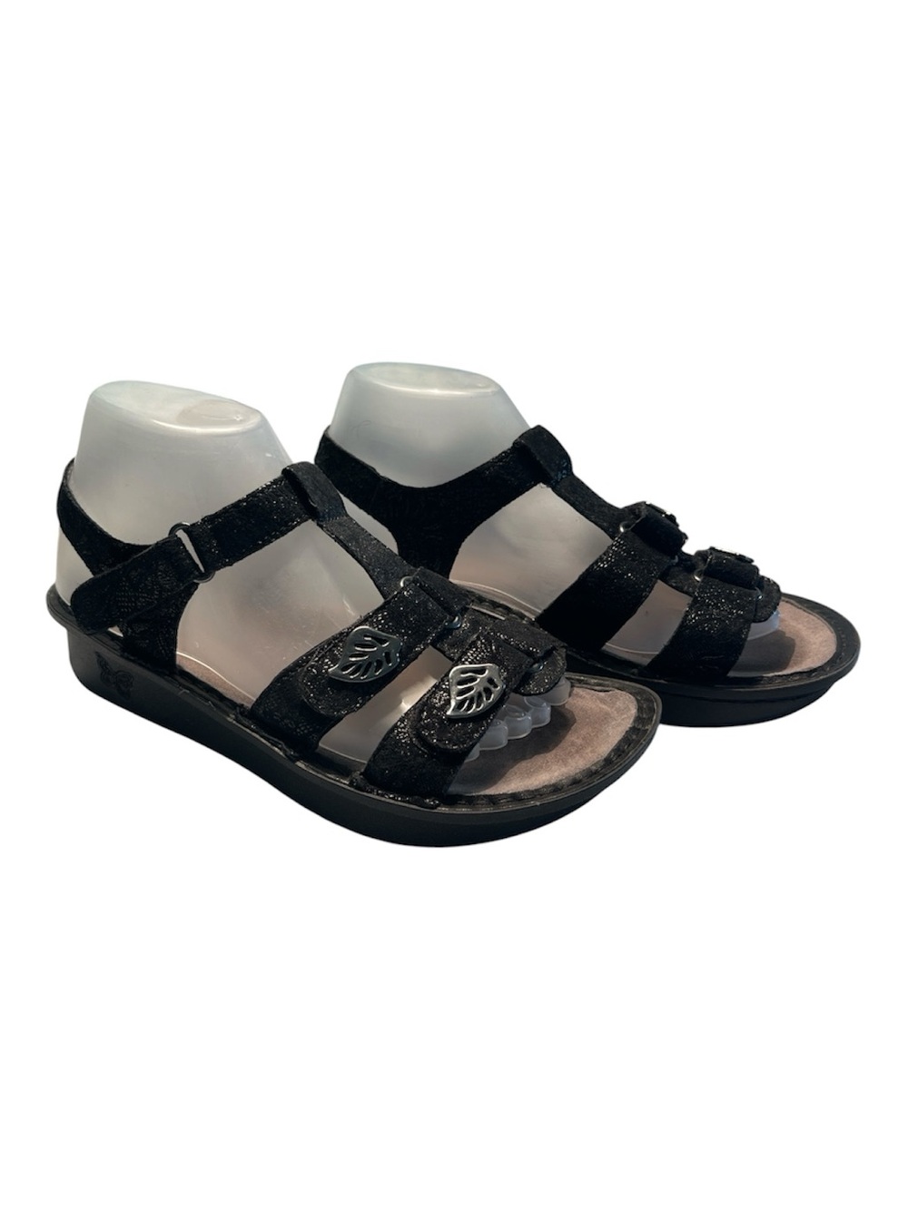 Alegría Black Strappy Comfort Sandals with Leaf Accent Size 8/8.5